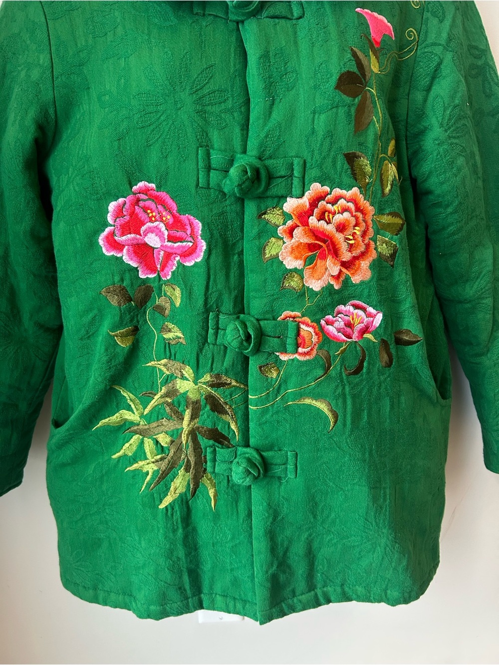 Emerald Green Floral Embroidered Quilted Jacket Cottagecore Boho Artwear Size L - Picture 2 of 15